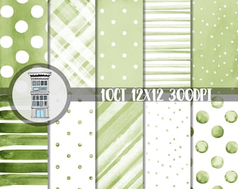 Watercolor Bright Green Digital Paper Pack INSTANT digital DOWNLOAD Soft Green Watercolor Polka dots Watercolor Stripes backgrounds papel