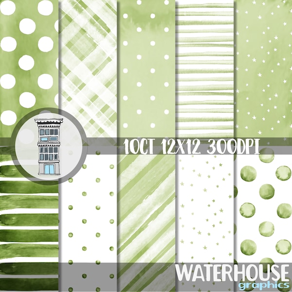 Watercolor Bright Green Digital Paper Pack INSTANT digital DOWNLOAD Soft Green Watercolor Polka dots Watercolor Stripes backgrounds papel