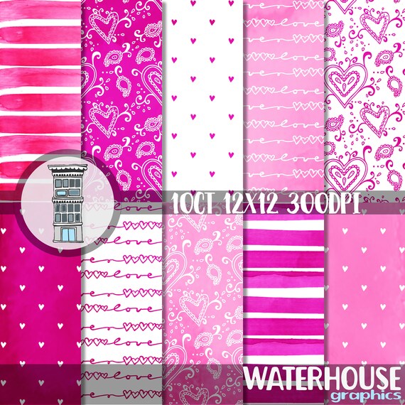 Valentine Watercolor Papers Hot Pink Hearts Love Digital Paper Etsy