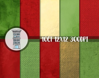 Christmas Watercolor Papers Bright RED & GREEN Gold Digital Paper Pack INSTANT digital download Watercolors Burlap grunge backgrounds papel