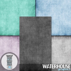May include: A digital collage of six different textured fabric swatches in various shades of blue, green, gray, and purple. The swatches are arranged in a grid pattern. The word "WATERHOUSE graphics" is printed in white at the bottom of the image.
