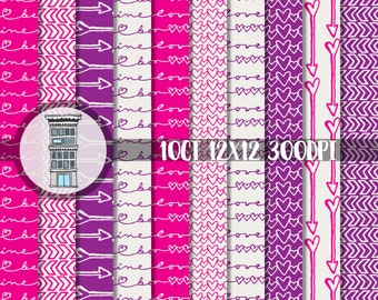 Valentine Digital Paper Pack INSTANT DOWNLOAD hearts & arrows hot pink purple love be mine scrapbook paper valentine cards background PINK