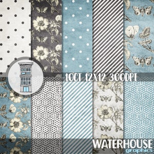 Digital Blue Cream Floral Paper Pack Antique Style Flowers Distressed Vintage textures neutral colors digital scrapbook papers planner cards