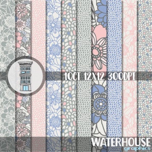 Confezione di carta floreale digitale ROSA BLU, biglietti per scrapbooking, carte artigianali, DOWNLOAD immediato, motivi floreali rosa blu disegnati a mano, 12x12, 300 dpi