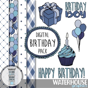 Conjunto de imágenes prediseñadas de cumpleaños de niño digital, papeles digitales, DESCARGA INSTANTÁNEA, globos azules, bordes, marcos, cupcakes, regalo, paquete de álbumes de recortes digitales