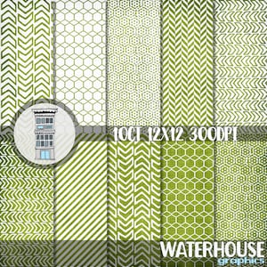 May include: Set of 10 digital paper patterns in green and white. The patterns include geometric shapes like arrows, hexagons, and diamonds. The text "10CT 12X12 300DPI WATERHOUSE graphics" is at the bottom of the image.