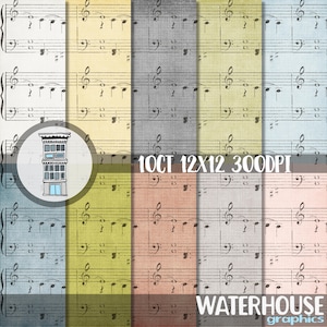 Muzikaal DIGITAAL PAPIERPAKKET Crème grijs olijfgroen Smokey blauw Distressed muzieknoten Instant Download scrapbooking planner printables kaarten muziek