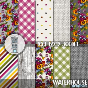Zestaw papierów cyfrowych Pansy, ładny fioletowy, żółty, pomarańczowy, kolorowy, kwiatowy, szary, jutowy, drewniany, gingham, cyfrowy papier do scrapbookingu, planer, karty dziennika
