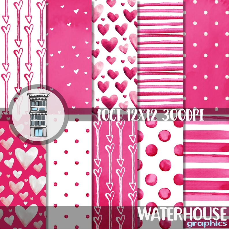 Valentine Watercolor Papers Bright Pink Hearts Digital Paper Etsy