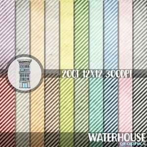 May include: A collection of 20 sheets of digital paper with diagonal stripes in various colors, including red, purple, and green. The text "20CT 12X12 300DPI" is visible, along with a building illustration and the "WATERHOUSE graphics" logo.
