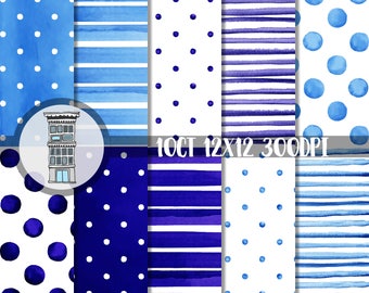 Watercolor NAVY BLUE Digital Paper Pack Instant digital DOWNLOAD Watercolor Polka dots Watercolor Stripes backgrounds Baby Boy shower papel