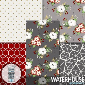 May include: A digital paper pack with four different patterns. The patterns include a white background with gold polka dots, a red background with white honeycomb pattern, a gray background with white floral pattern, and a gray background with a white geometric pattern. The text "WATERHOUSE graphics" is at the bottom of the image.