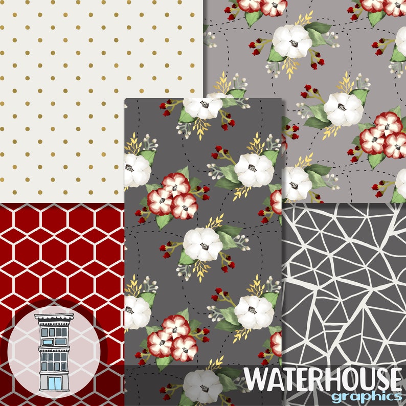 May include: A digital paper pack with four different patterns. The patterns include a white background with gold polka dots, a red background with white honeycomb pattern, a gray background with white floral pattern, and a gray background with a white geometric pattern. The text "WATERHOUSE graphics" is at the bottom of the image.