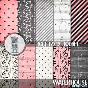 Muzikaal DIGITAAL PAPIERPAKKET Antiek roze en grijs Distressed muzieknoten Instant Download scrapbooking planner afdrukbare muziek achtergronden