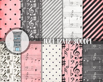 Könnte beinhalten: Ein Set mit 10 digitalen Papierdesigns in einem rosa und grauen Farbschema mit Noten und Punkten. Der Text "1OCT 12X12 300DPI" und "WATERHOUSE graphics" ist im Bild enthalten.