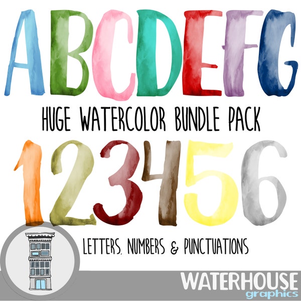 Digital Clipart Watercolor Bundle Pack, Letters, Numbers and Punctuations, PNG files, Digital scrapbooking, Teachers clip art bundle pack