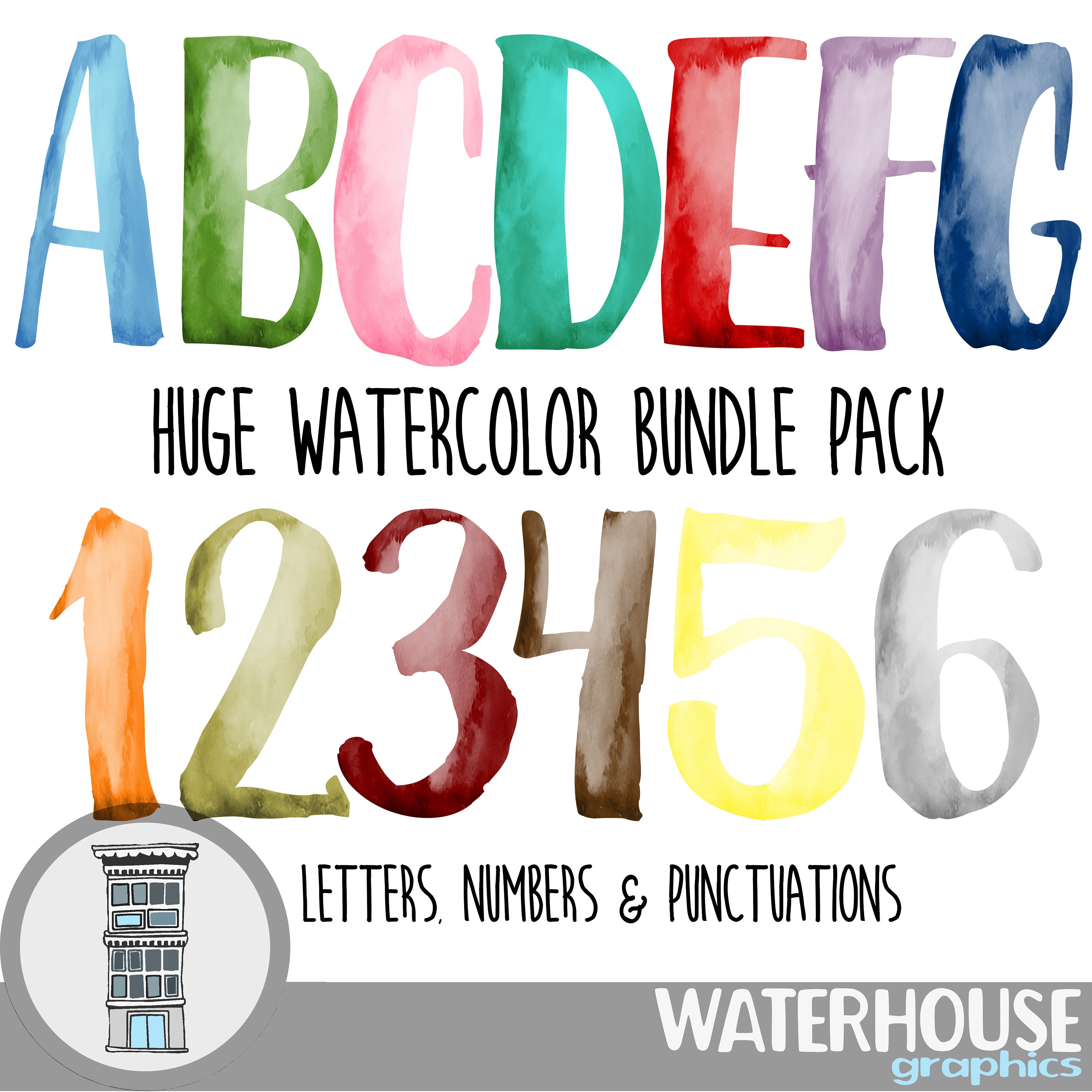 Digitale clipart aquarel bundelpakket, letters, cijfers en leestekens, png-bestanden, digitale scrapbooking, docenten clip art bundelpakket