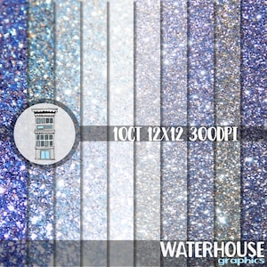 May include: Set of 10 digital paper backgrounds featuring a sparkly, glittery texture in shades of blue and white. The papers are 12x12 inches and 300 DPI.  The text "10CT 12X12 300DPI" and "WATERHOUSE graphics" are visible in the image.