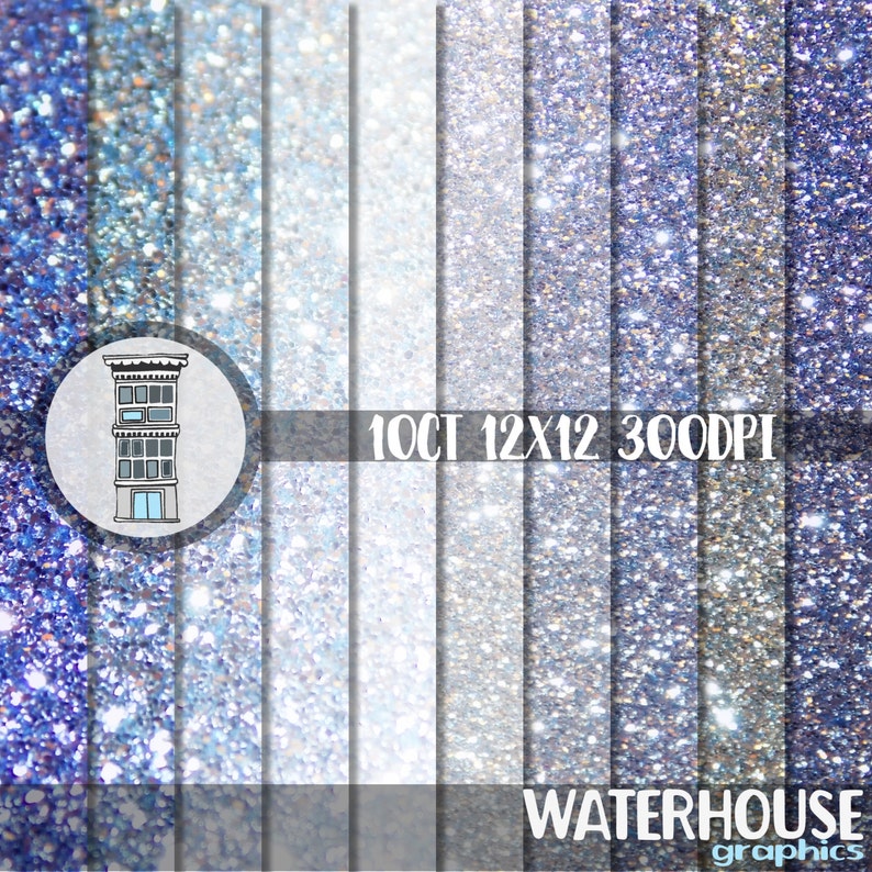 May include: Set of 10 digital paper backgrounds featuring a sparkly, glittery texture in shades of blue and white. The papers are 12x12 inches and 300 DPI.  The text "10CT 12X12 300DPI" and "WATERHOUSE graphics" are visible in the image.