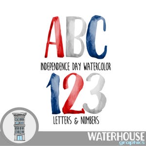 Independence Day aquarel letters cijfers Instant digitale download rood-wit-blauwe aquarel set digitale alfabet ABC-belettering kaarten