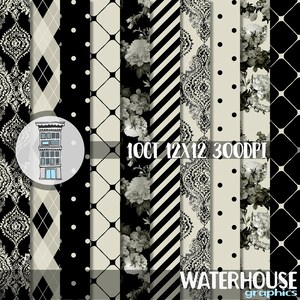 Schwarz Creme Digital PAPER PACK Sofortiger digitaler Download Vintage Blumenmuster Damast Digital Scrapbooking Planer Printables Karten Hochzeit