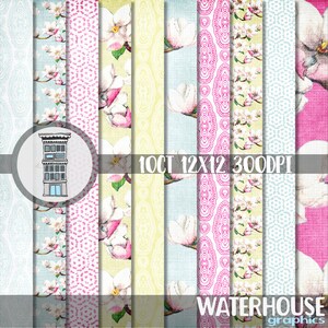 K&ouml;nnte beinhalten: Ein Set mit 10 digitalen Papierdesigns mit floralen Mustern mit wei&szlig;en Magnolienbl&uuml;ten auf verschiedenen Pastellhintergr&uuml;nden, darunter Rosa, Blau und Gelb. Der Text "10CT 12X12 300DPI" und "WATERHOUSE graphics" ist ebenfalls im Bild enthalten.