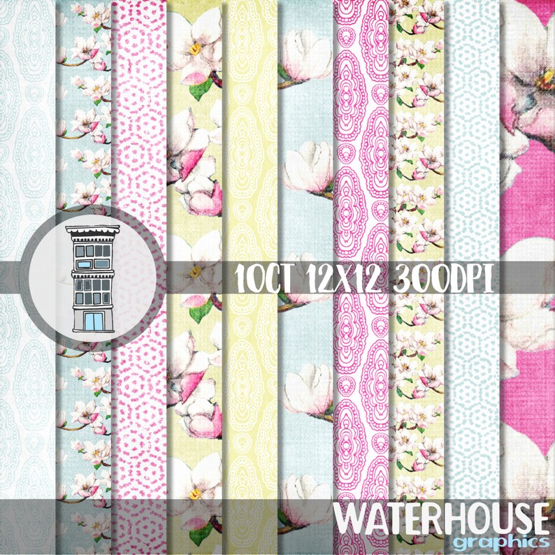K&ouml;nnte beinhalten: Ein Set mit 10 digitalen Papierdesigns mit floralen Mustern mit wei&szlig;en Magnolienbl&uuml;ten auf verschiedenen Pastellhintergr&uuml;nden, darunter Rosa, Blau und Gelb. Der Text "10CT 12X12 300DPI" und "WATERHOUSE graphics" ist ebenfalls im Bild enthalten.