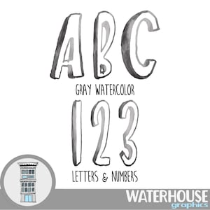 Gray Watercolor Letters Numbers Instant Digital Download GRAY watercolor set Digital Alphabet ABCs digital scrapbooking letters numbers