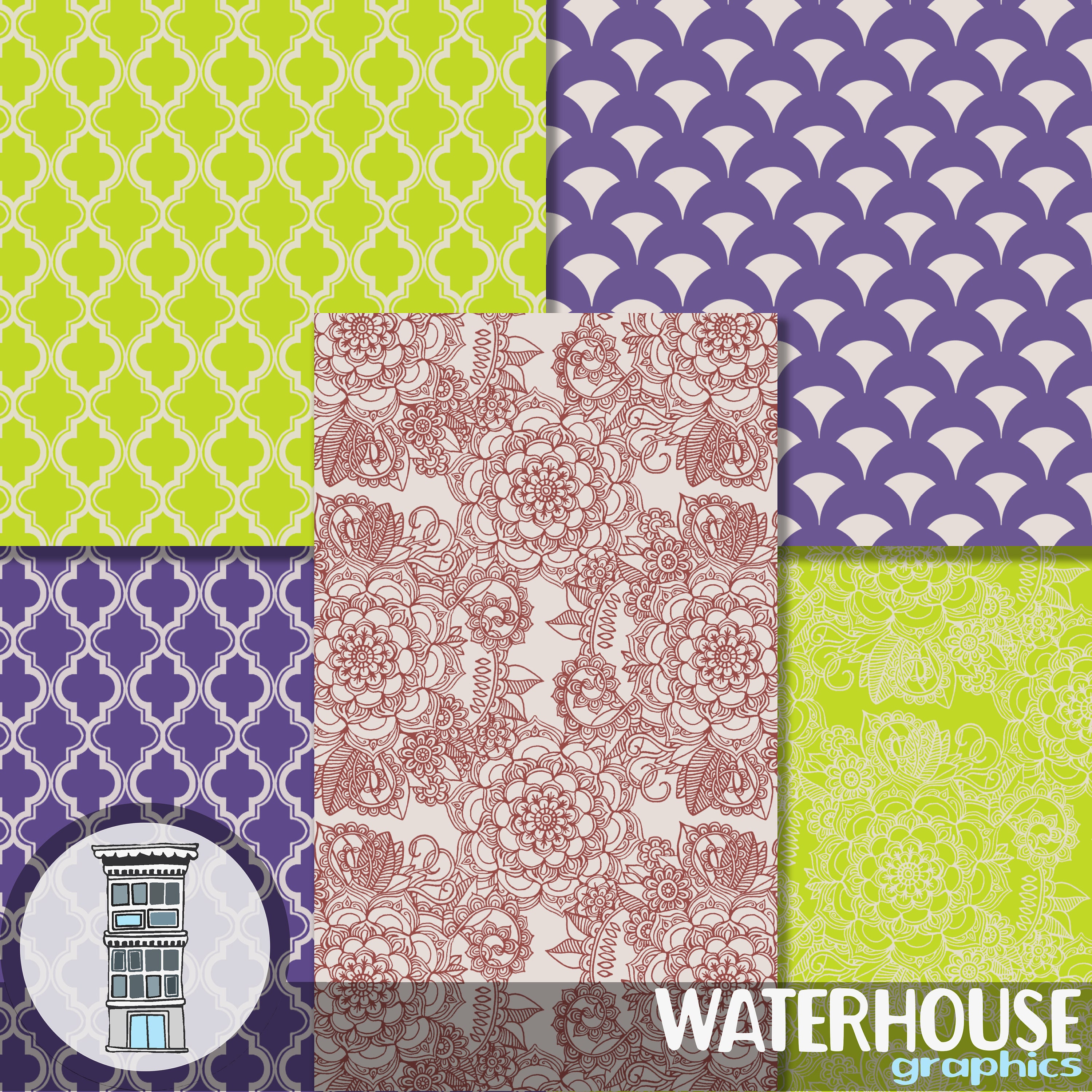 Digital Paper Pack Moroccan Patterns Lime Green Violet Purple Floral ...