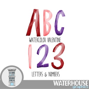 Letras y números de acuarela para San Valentín Descarga digital instantánea ROSA ROJO Conjunto de acuarela para el día de San Valentín Tarjetas de diario con alfabeto digital ABC