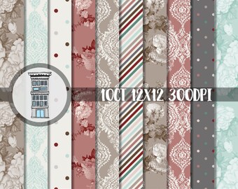 May include: A set of 10 digital paper patterns in various styles, including floral, damask, and polka dot. The papers are 12x12 inches and 300 DPI. The text "10CT 12X12 300DPI WATERHOUSE graphics" is included in the image.