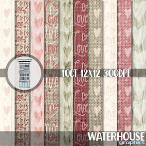 Digital Rustic Valentine Paper Pack INSTANT DOWNLOAD plakboekpapier love & hearts met hout- en jutetexturen in neutrale beige- en roze tinten