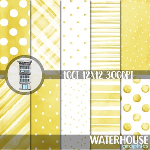 Papéis de aquarela AMARELO Pacote de papel digital amarelo dourado brilhante Download digital INSTANTÂNEO Aquarela Bolinhas Listras fundos papel