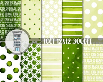 St Patricks Day Watercolor Bright Green Digital Paper Pack INSTANT digital DOWNLOAD Watercolor Polka dot Watercolor Stripes backgrounds