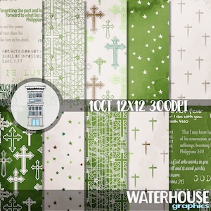 Religieus GROEN digitaal papierpakket INSTANT DOWNLOAD Bijbel aquarel digitale scrapbooking papieren dagboekkaarten Heilige Bijbel kruis achtergrond