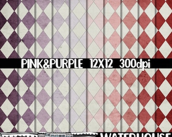 Digital paper pack diamond pattern red pink & purple with distressed textures valentines day colors for papercrafts scrapbooking backgrounds