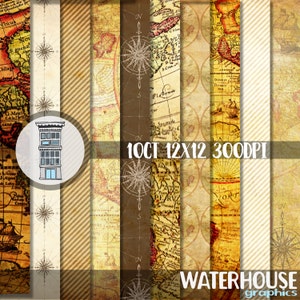Paquete de papel de viaje vintage para scrapbooking digital DESCARGA DIGITAL INSTANTÁNEA Mapas antiguos desgastados Brújulas Papeles digitales Manualidades Tarjetas