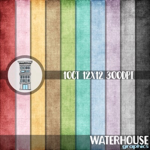 May include: Ten digital paper textures in various colors, including red, pink, yellow, brown, green, blue, light blue, purple, gray, and black. The textures are 12x12 inches and 300 DPI. The image also includes the text "10CT 12X12 300DPI WATERHOUSE graphics".