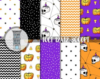 Halloween Digital Paper pack INSTANT DOWNLOAD Hand drawn pumpkins skulls paper Purple Orange Halloween papers digital scrapbooking planner