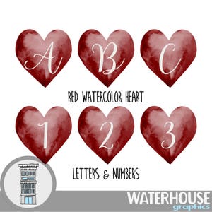 Letras e números de corações de aquarela VERMELHO Download digital instantâneo Cartões de diário do alfabeto digital Números de cartões de lugar de casamento do dia dos namorados