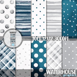 Pack de papier numérique aquarelle bleu gris TÉLÉCHARGEMENT numérique instantané Aquarelle bleue à pois arrière-plans Shower de bébé garçon