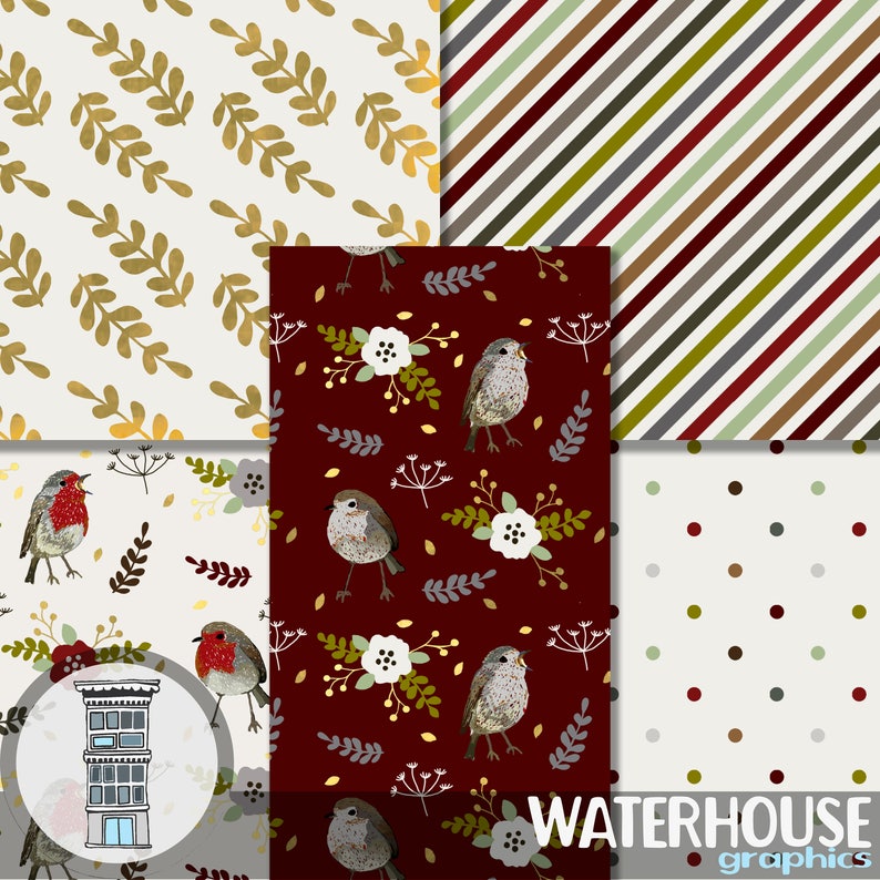 Christmas GOLD Digital Paper Pack Hand Drawn Birds Floral Patterns ...