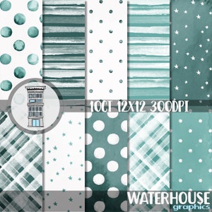 Confezione di carta digitale TEAL per acquerello Download digitale istantaneo Verde acqua Acquarello Pois Acquerello Strisce Sfondi Bambino
