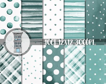 Watercolor TEAL Digital Paper Pack Instant digital DOWNLOAD seafoam aqua green Watercolor Polka dots Watercolor Stripes backgrounds Baby Boy