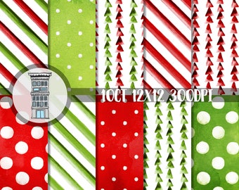 Christmas Watercolor Papers Bright RED & GREEN Digital Paper Pack INSTANT digital download Watercolor Polka dots Stripes backgrounds papel