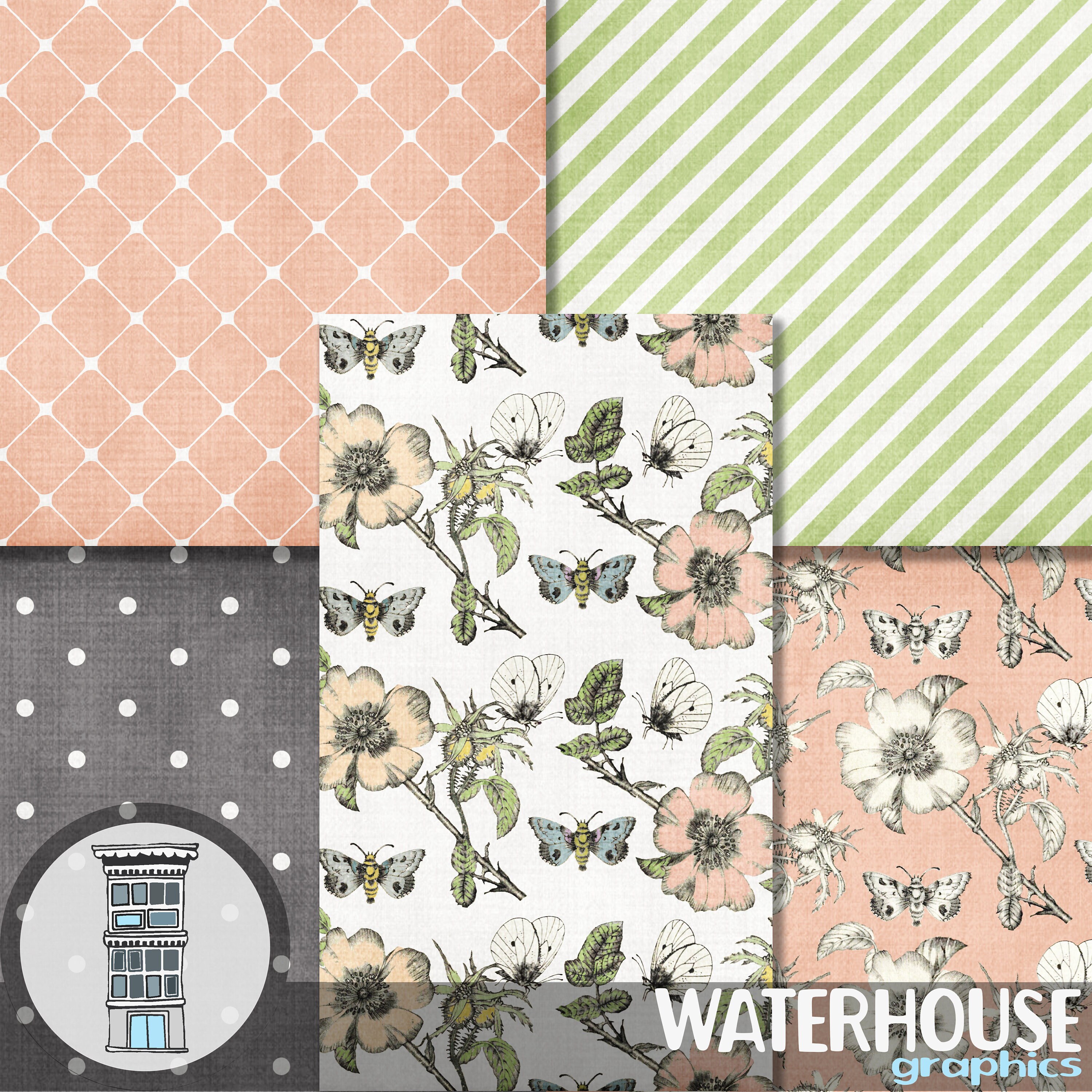 Digital Pea Green Pink Peach Floral Paper Pack Antique Botanical ...
