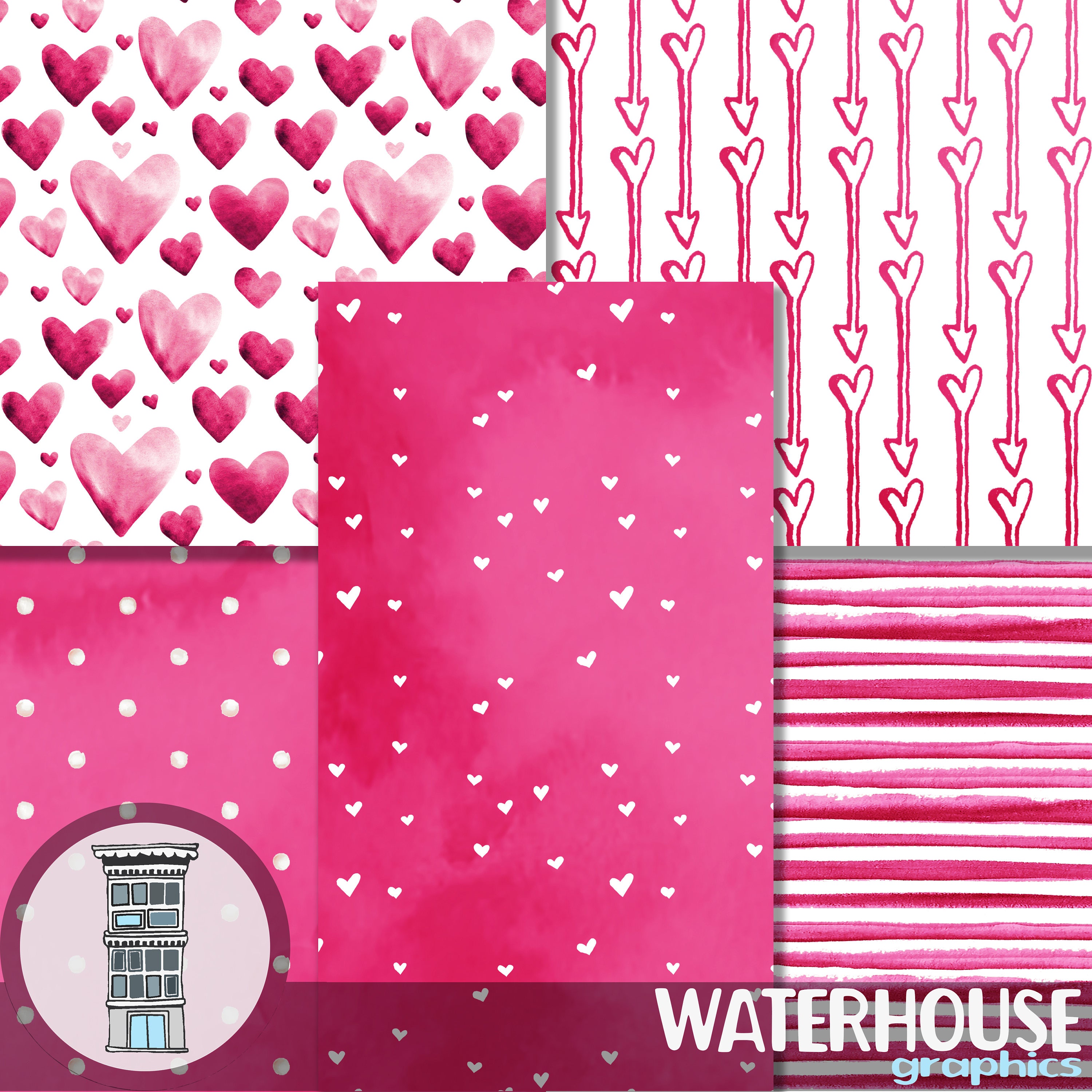 Valentine Watercolor Papers Bright PINK Hearts Digital Paper Pack ...