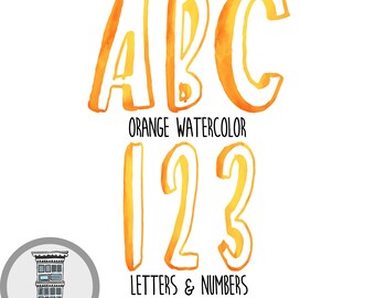 ORANGE Watercolor Letters Numbers Instant Digital Download Orange watercolor set Digital Alphabet ABCs digital scrapbooking letters numbers