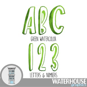 Green Watercolor Letters Numbers Instant Digital Download GREEN watercolor set Digital Alphabet ABCs digital scrapbooking letters numbers