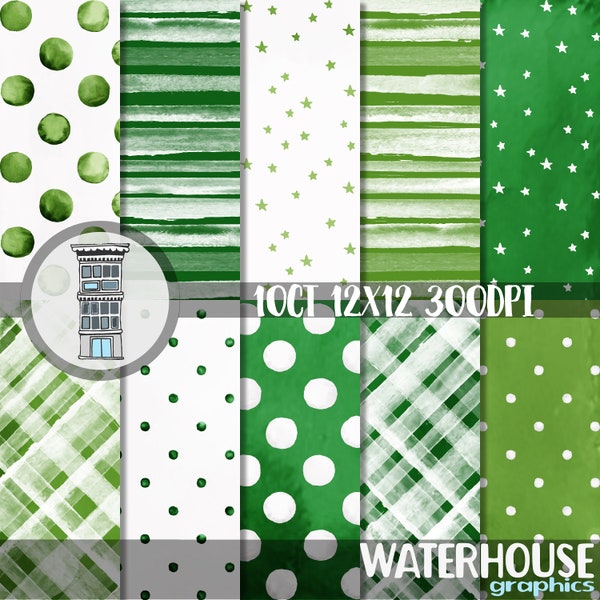 Watercolor GREEN Digital Paper Pack INSTANT digital DOWNLOAD Watercolor Polka dots Watercolor Stripes backgrounds St. Patricks day papers